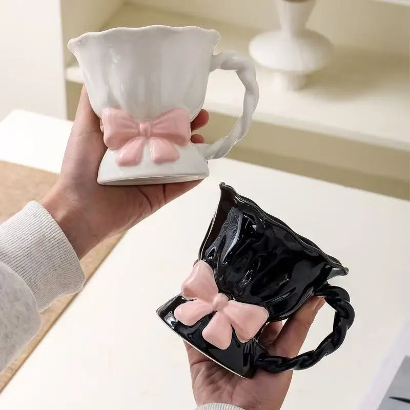 M High Beauty Bow Ceramic Mug Home Exquisite Afternoon Teacup Set Creative Sweet Water Cups Dessert Plate Best Gift for Friends