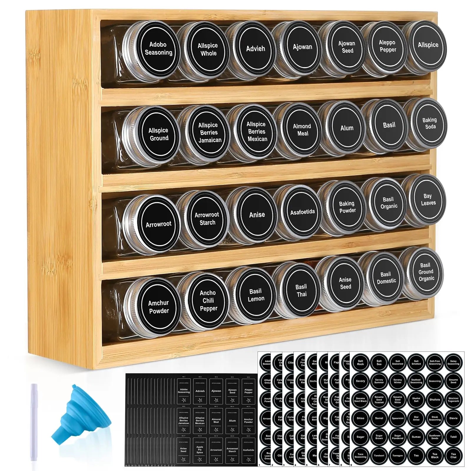 4-Tier Bamboo Spice Rack Organizer Wood Hanging Shelf Chalk Marker Set Drawer Cabinet for Kitchen Countertop Wall Mount Storage