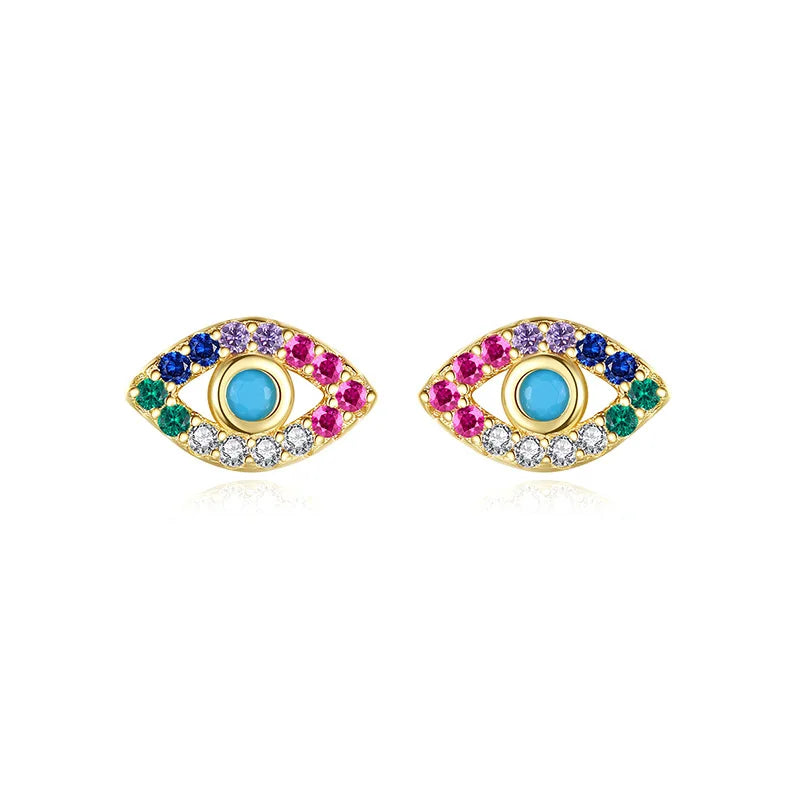 Daidan Earring Evil Eye Earrings 925 Cubic Zirconia Small Stud Rainbow Colorful Silver Earrings for Women