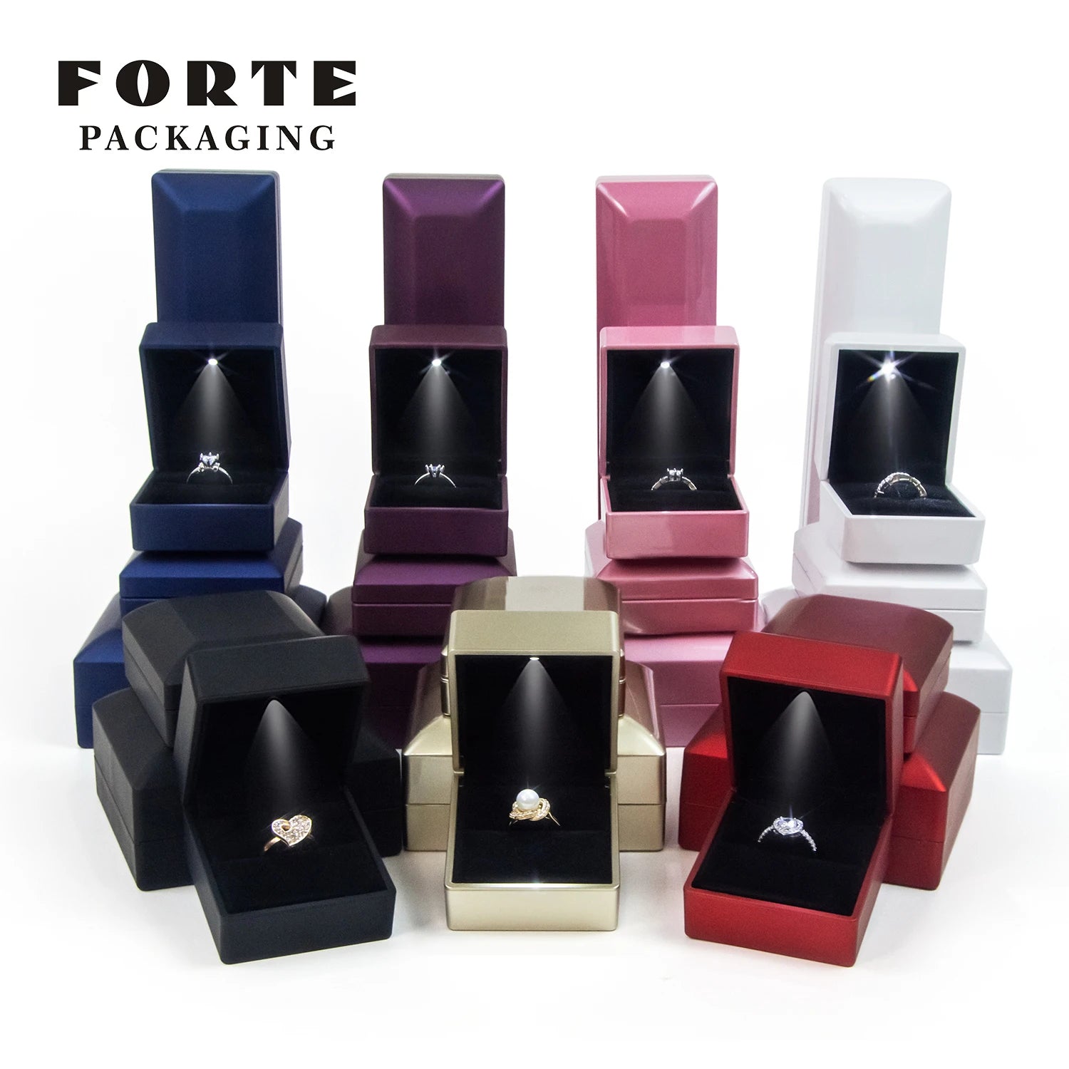 FORTE Led Jewellery Box in Stock Gold Stamping Luxury Led Jewellery Package Custom Ring Diamond Jewelry Box With Lights
