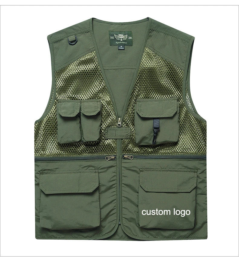 Customized Men's Outdoor Tank Top Large Waterproof Mesh Work Clothes  Hiking Multi Pocket Zipper Sleeveless Fishing Vest