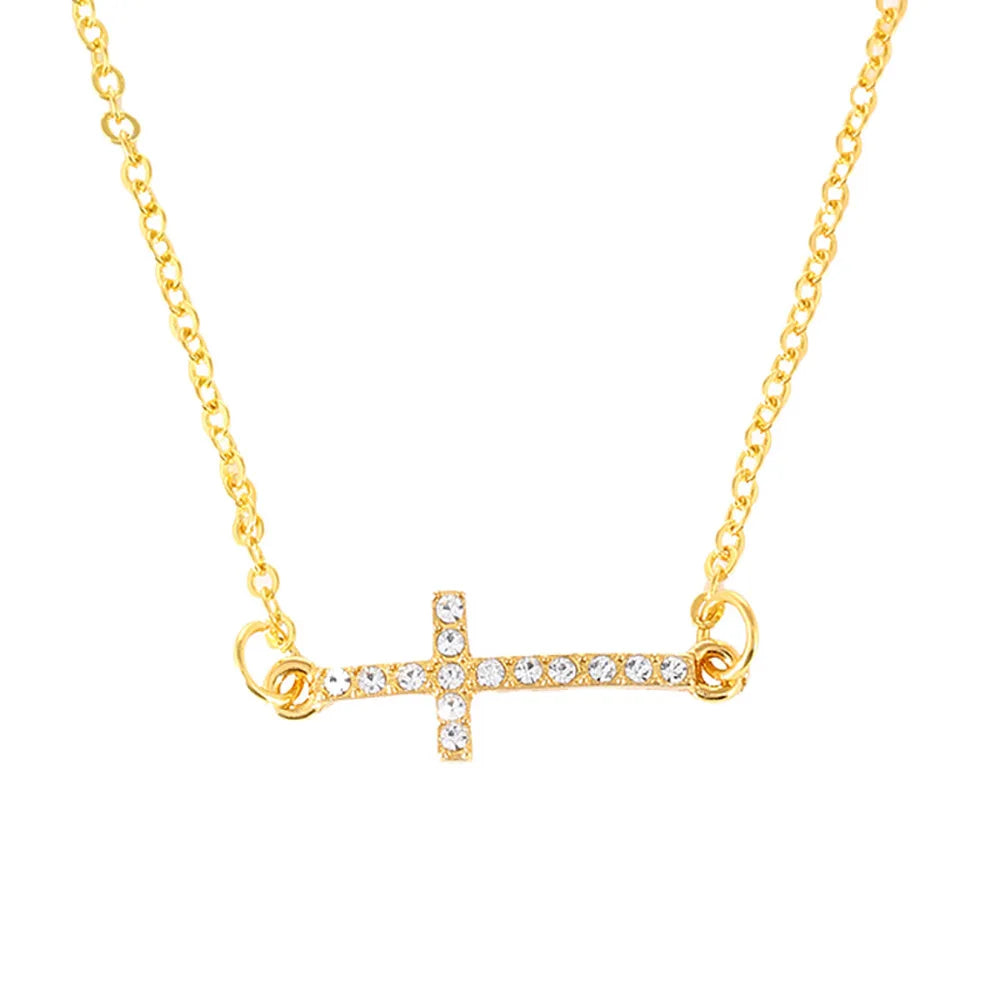Religious Christian Cubic Zirconia Dainty Gold Plated Diamond Sideways Cross Pendant Necklace Jewelry