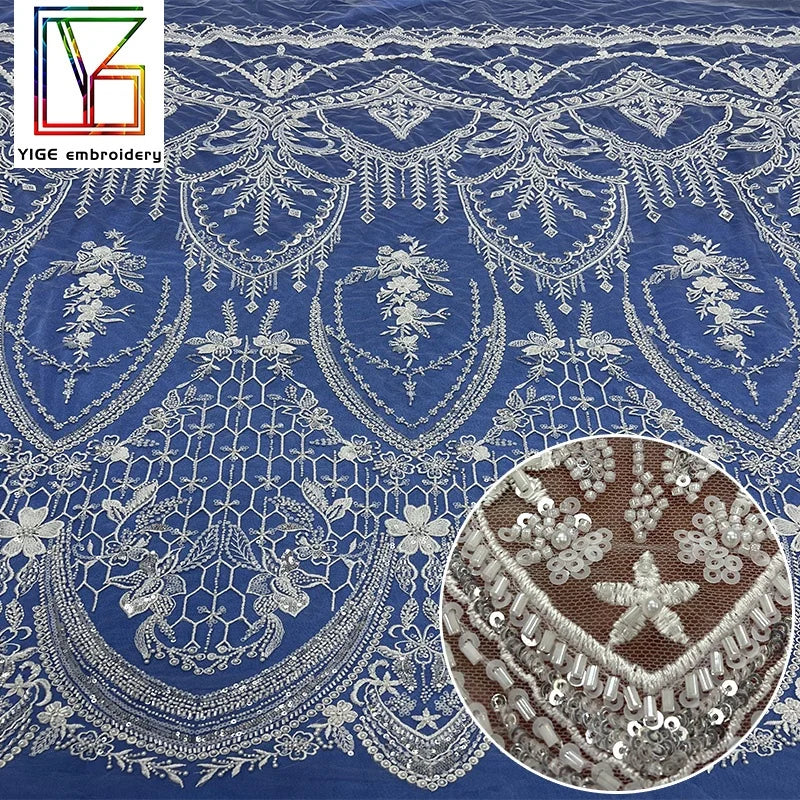 Luxury Beaded Sequin Lace Fabric White Bridal Net Lace Tulle Embroidered Beads Bridal Dress Laces Fabrics for Women