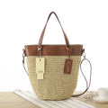 Wholesale Handmade Woven Women's Tote Bag Rattan Leather Shoulder Bag Three Straps Saddle Closure Metal Tassel Decor Casual