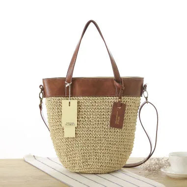 Wholesale Handmade Woven Women's Tote Bag Rattan Leather Shoulder Bag Three Straps Saddle Closure Metal Tassel Decor Casual