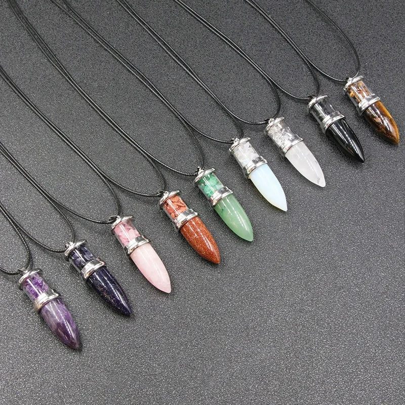 Natural Black Obsidian Green Aventurine Pendulums Chakra Bullet Pointed Pendant Reiki Pendulum Pendant Necklace