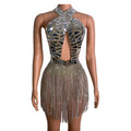 Sparkly Cut Out Mirror Sequin Dinner Gown Club Party Stage Dance Backless Mini Dress Women Rhinestone Tassel Birthday Prom Dress