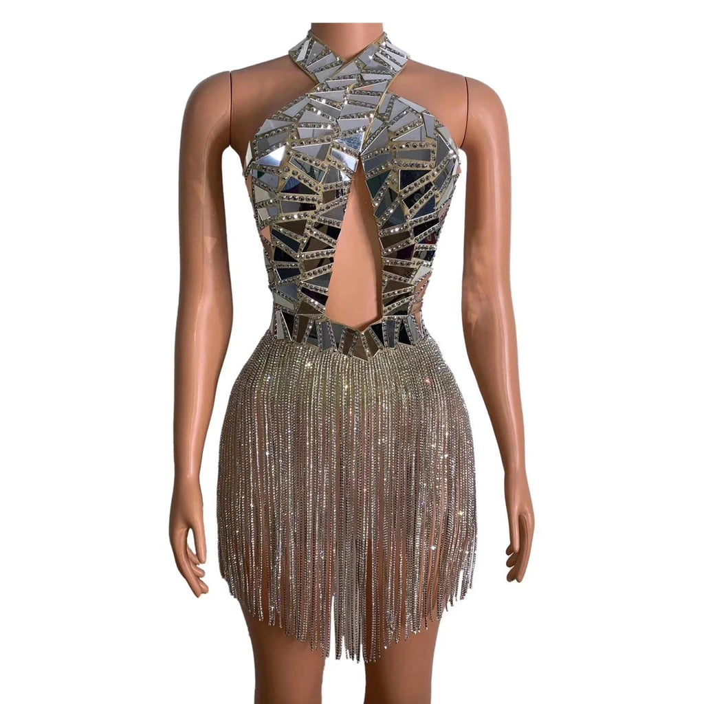 Sparkly Cut Out Mirror Sequin Dinner Gown Club Party Stage Dance Backless Mini Dress Women Rhinestone Tassel Birthday Prom Dress