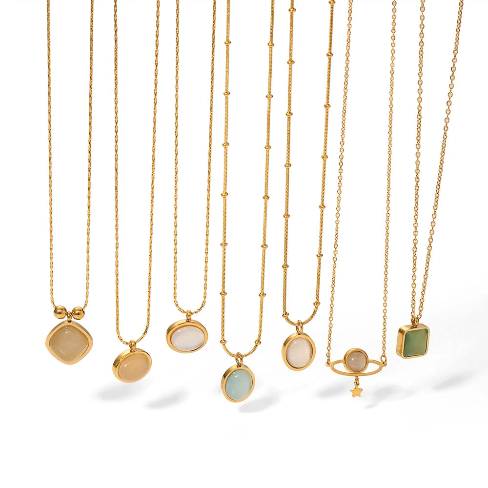 New Arrival French Stainless Steel 18K Gold Plated Colorful Natural Stones Cat Eyes Opal Pendant Necklace for Women Gift Party