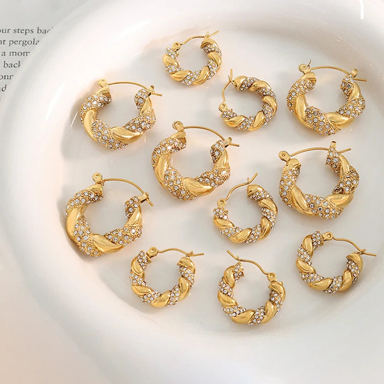 2 Sizes Stainless Steel Shiny Zircon Chunky Hoop Earrings Mix Wide Solid Twisted Croissants Earrings for Women Statement Jewelry