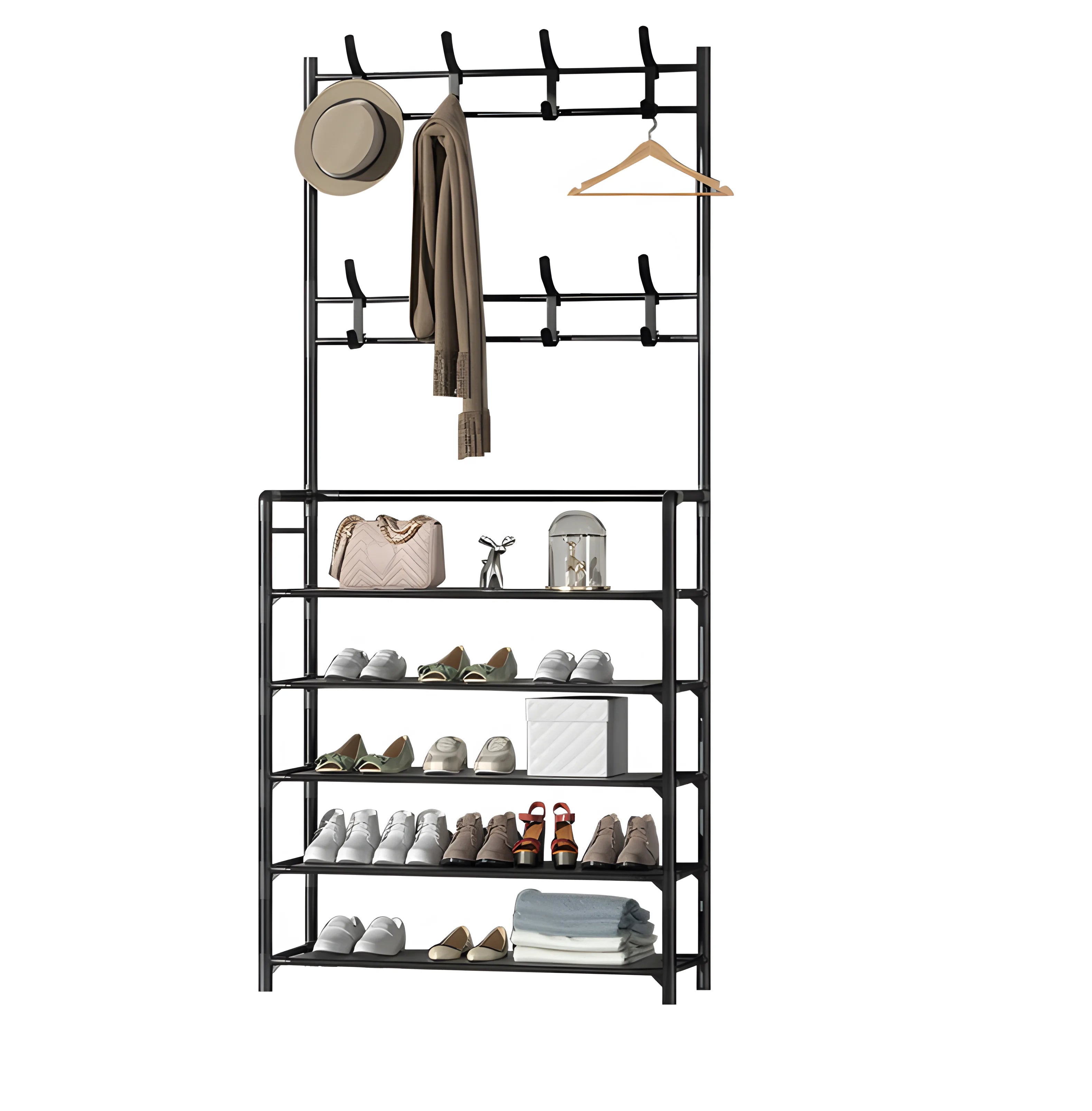 Multifunctional 5-Layer Stainless Steel and Wood Shoe Rack Dustproof Non-Woven Storage Shoe Cabinet Space Saving