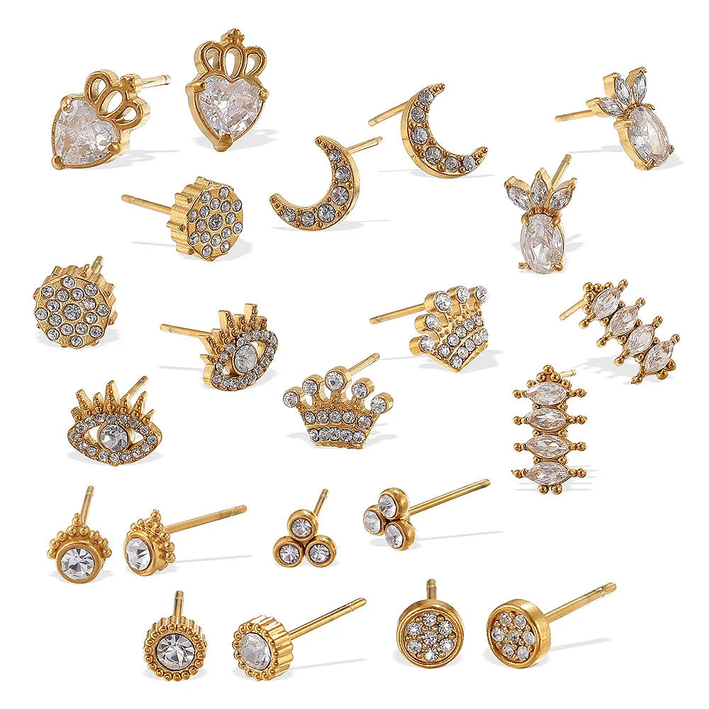 New Arrival Design Stainless Steel Studs Suit Simple Geometric Shaped Combination Multi-Style Rhinestone Delicate Earrings