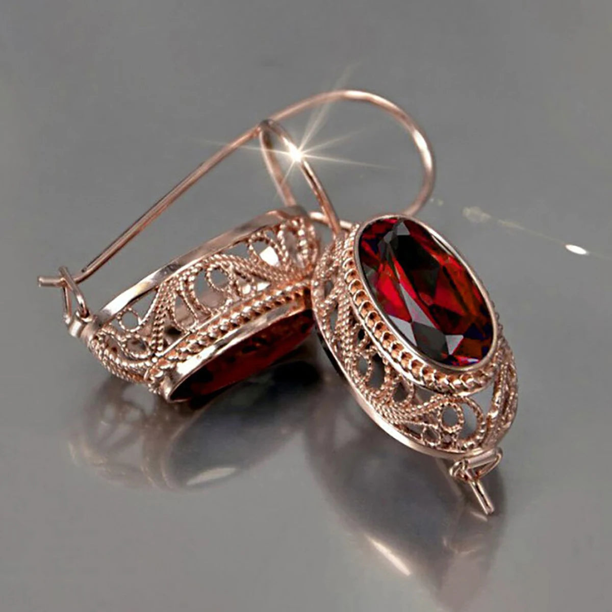 Huitan Bohemia Style Pattern Hollow Design Zircon Earrings Bridal Wedding Red/Blue Crystal Rose Gold Plated Drop Earrings Women