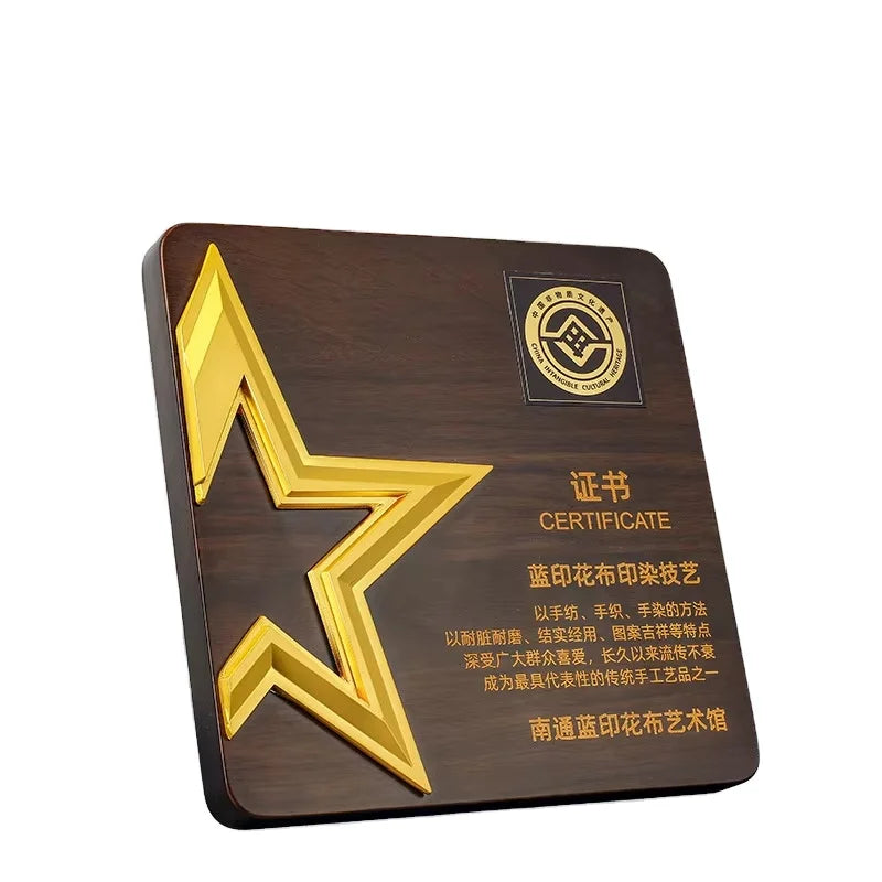 EU Customized Eco-Friendly Polished Metal Star Engraving Awards with UV Printing Crystal Wood Plaques Medals Acknowledgments