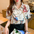 Women Casual Blouse Short Sleeve Chain Shirt Print Office Turn Down Collar Blouse Elegant Work Tops Tunic