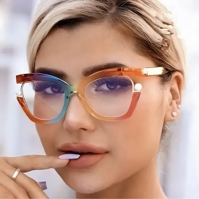 Custom Logo 2025 Fashion Elegant Pearl Colorful Anti Blue Light Glasses Frames Big Frame Cat Eye Eyeglasses Women