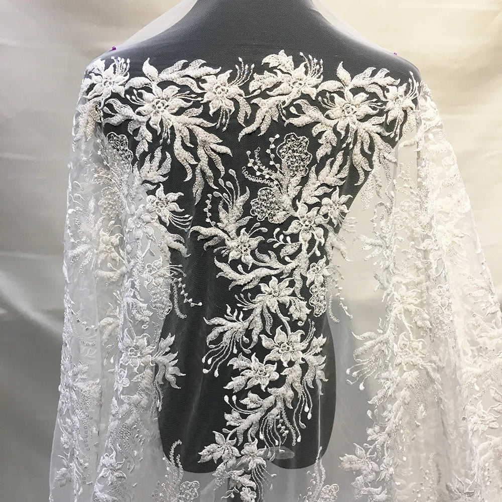 White Bridal Tulle Lace Fabric High-end Embroidery 3D Beaded African Sequin Lace Fabric Nigerian for Dress
