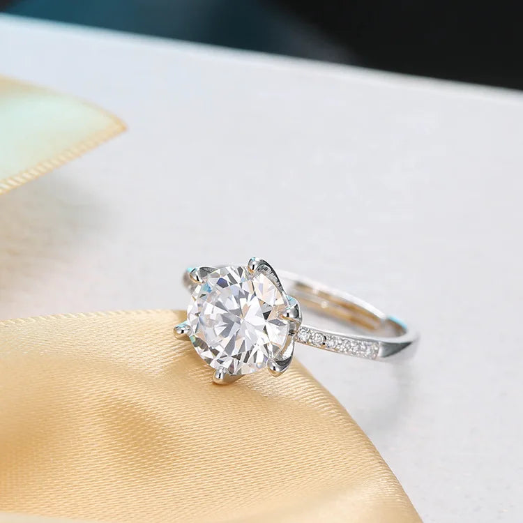 S925 Sterling Silver Opening Ring Classic Six Claw Inlaid Diamond Korean Style Simple Personality Jewelry