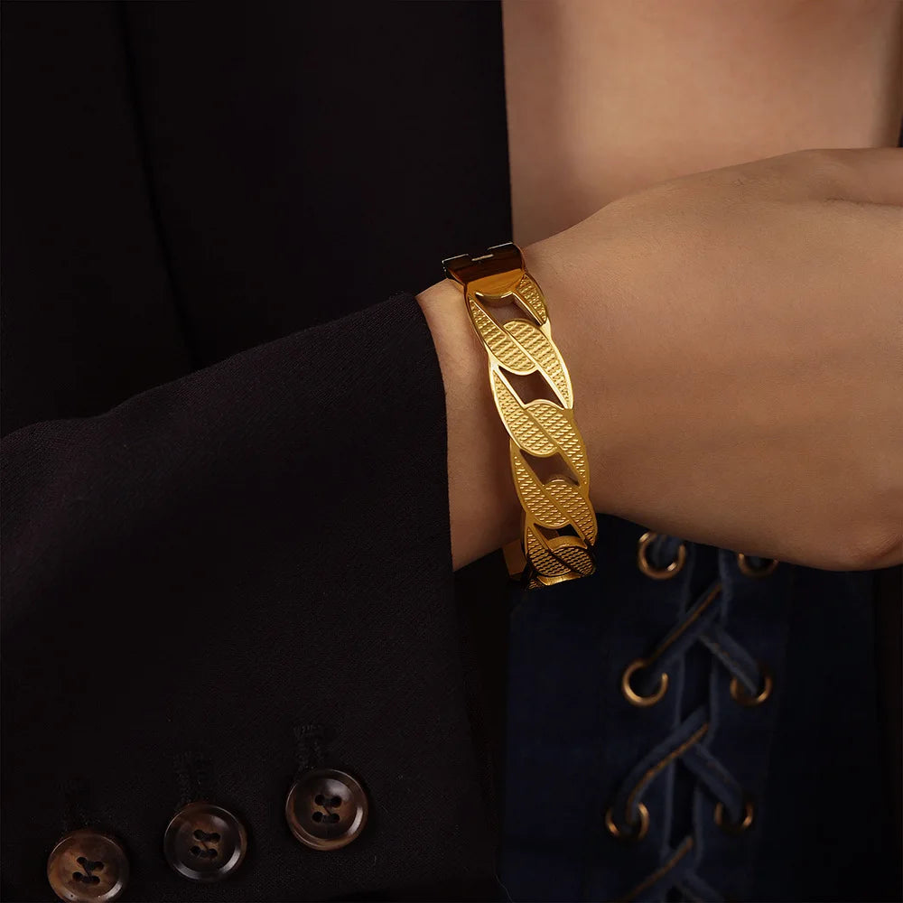 New Minimalism Design Fashion Stainless Steel Gold Plated Cuban Chain Design Cuff Bracelet Non Adjustable Women Jewelry