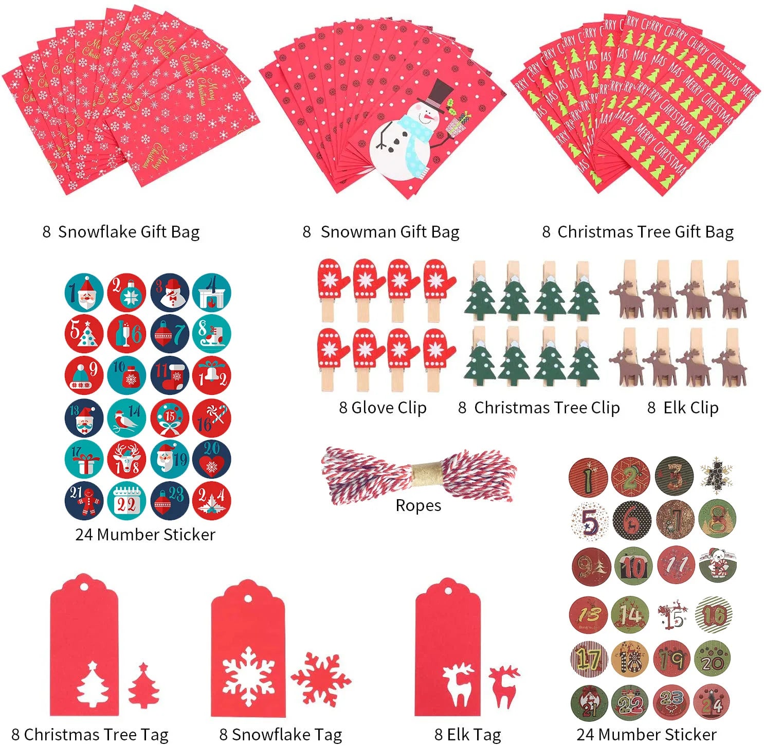 24 PCS Christmas Advent Calendar for Filling With Numbers Buttons Christmas Bag Gift Tag DIY Craft Set