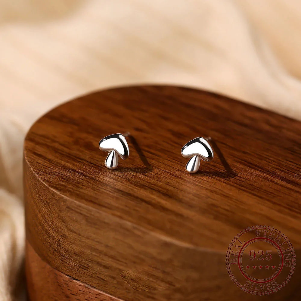 Real Pure Solid S999 Sterling Silver Cute Mushroom Stud Earrings for Women Jewelry Accessories YB-XY-151