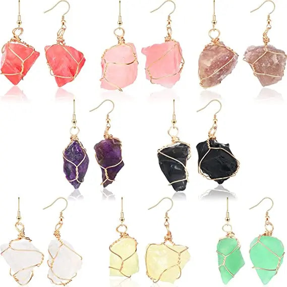 Handmade Crystal Drop Earrings for Women Natural Raw Stone Dangling Earrings Healing Wrapped Gemstones Reiki Balancing Earrings