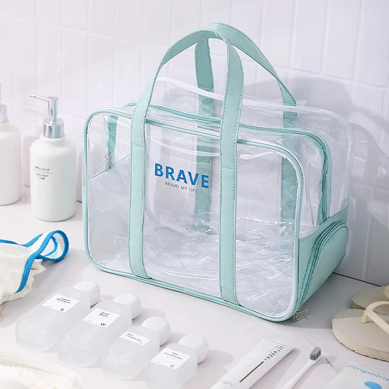 Clear Makeup Bag Handle Large Travel for Toiletry Tote Zipper Handbag Fashionable Transparent PVC Cosmetic Bags for Women Beach