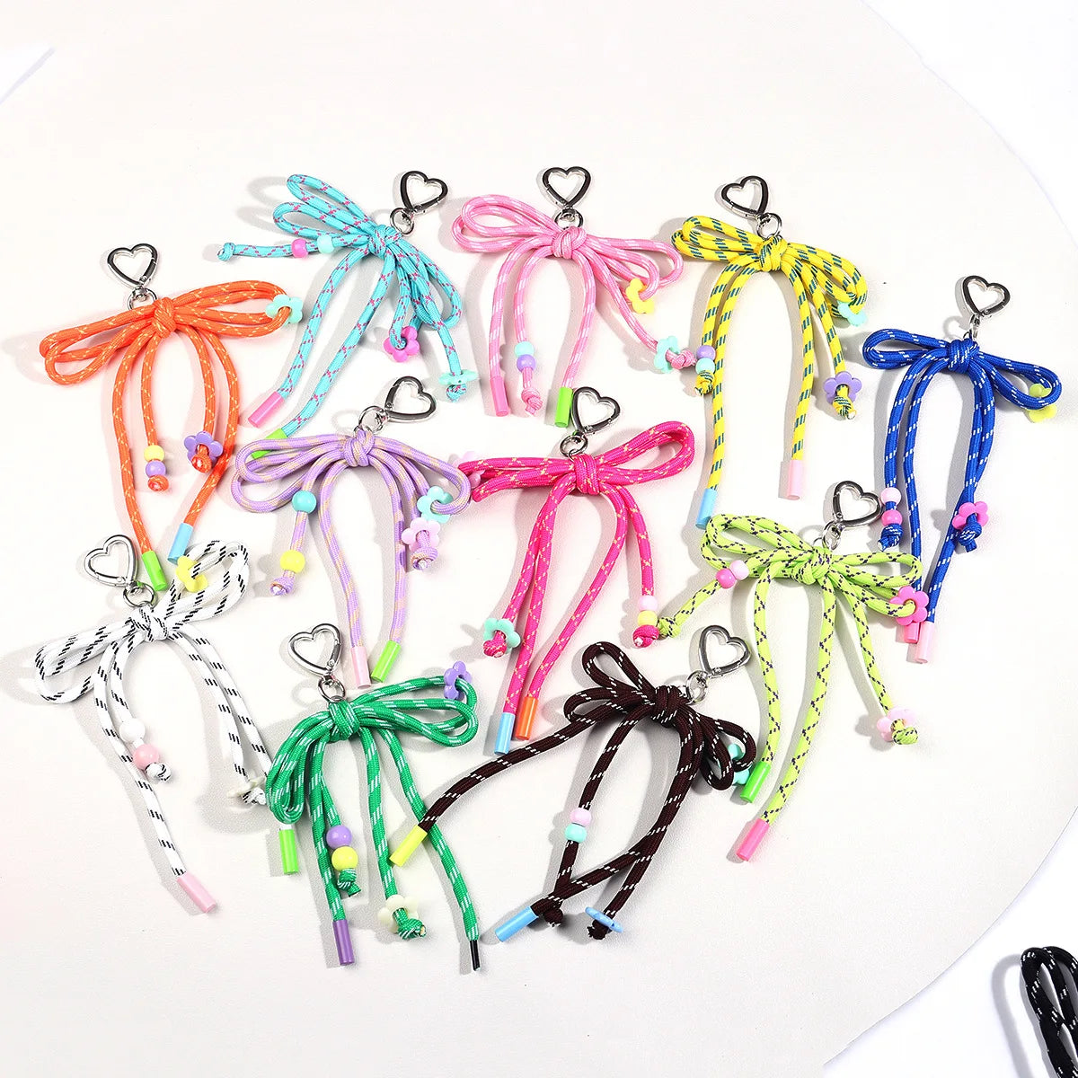 Cute Cartoon Rope Bow Keychain Heart Key Chains Nylon Rope Mobile Phone Charm Pendant  INS Hand Woven Rope Keychain Y2K Keychain