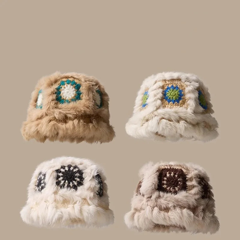 Women Winter Crochet Bucket Hat Fashion Knit Faux Fur Trimmed Warm Cap Furry Knit Women Bucket Hat Soft Warm Fashion Fuzzy Hats