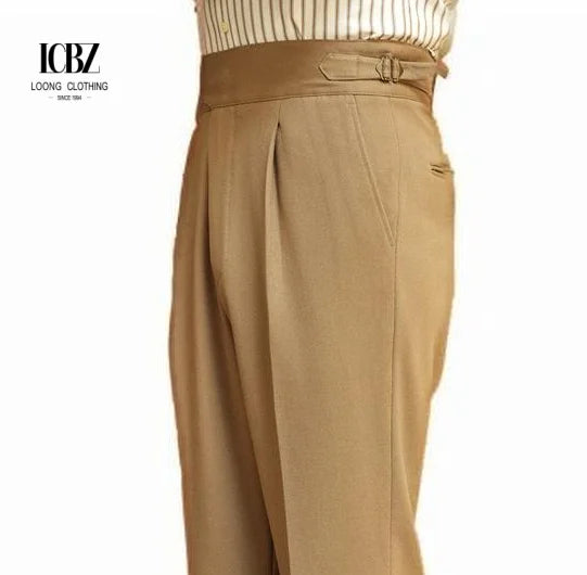 Italian Men's Naples Paris Buckle Waist Straight Trousers High Waist British Gurge Custom Plus Size Fit Suit Pants Pleated Front