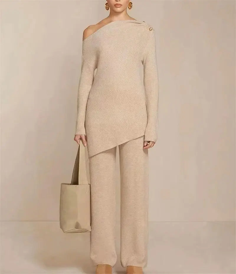 Knitwear Manufacturers Custom Open Off the Shoulder Women's Matching Ribbed Knit Top Two Piece Sweater Pants Set Women
