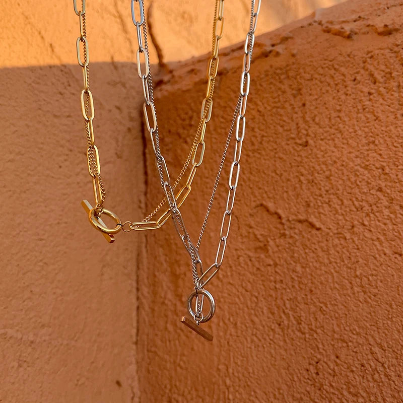 Double Chain Gold & Silver 18K Plated Toggle Tarnish Free Waterproof Stainless Steel Necklace