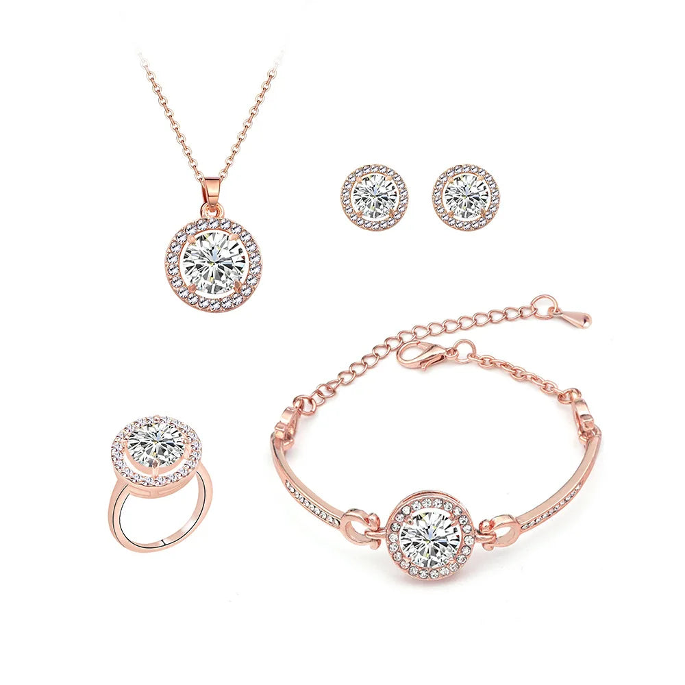 4pcs/et Noble Fashion Elegant Women Shiny Crystal CZ Necklace Bracelet Earring Ring Gold Jewelry Set