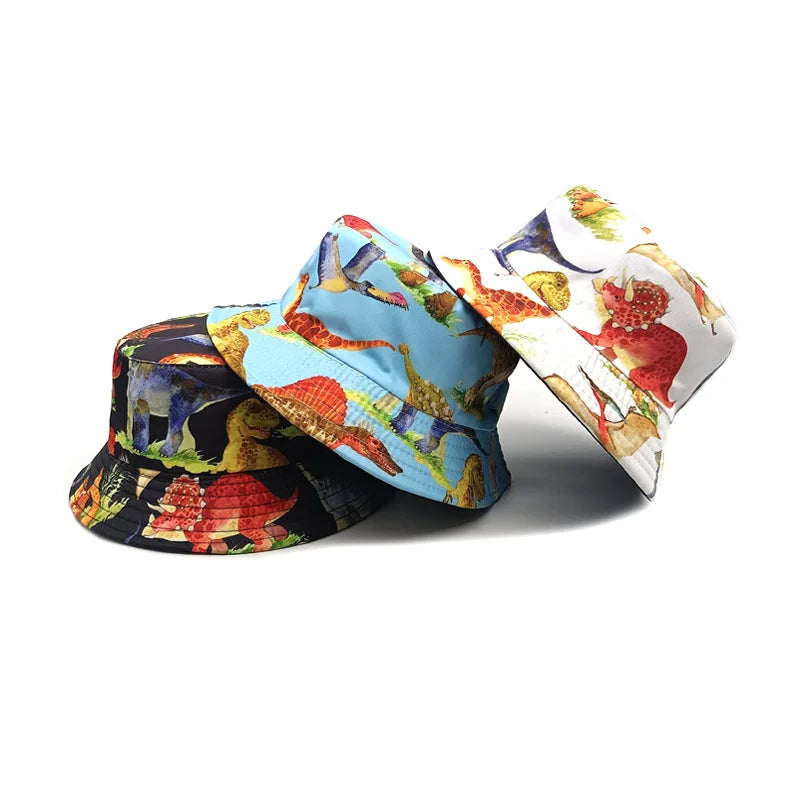 Landfond Outdoor Cartoon UV protection Hats Sun Dinosaurs Printing Cap Bucket Hats