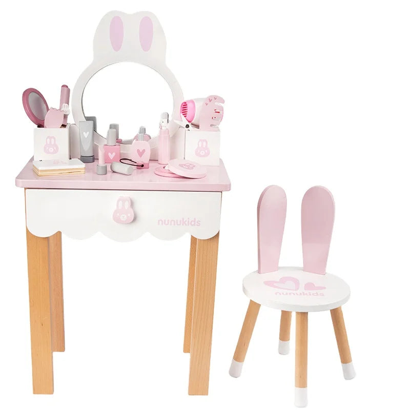 2021 Hot Sale Wooden Children Bunny Dressing Table Set and Chair Toys with Mirror for Girl