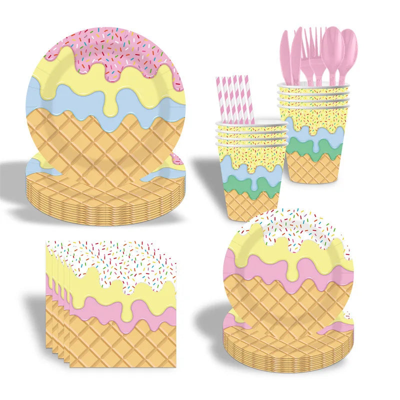 Disposable Tableware Set for Ice Cream Birthday Party Includes Paper Tray Cup Towel Flag Decorations