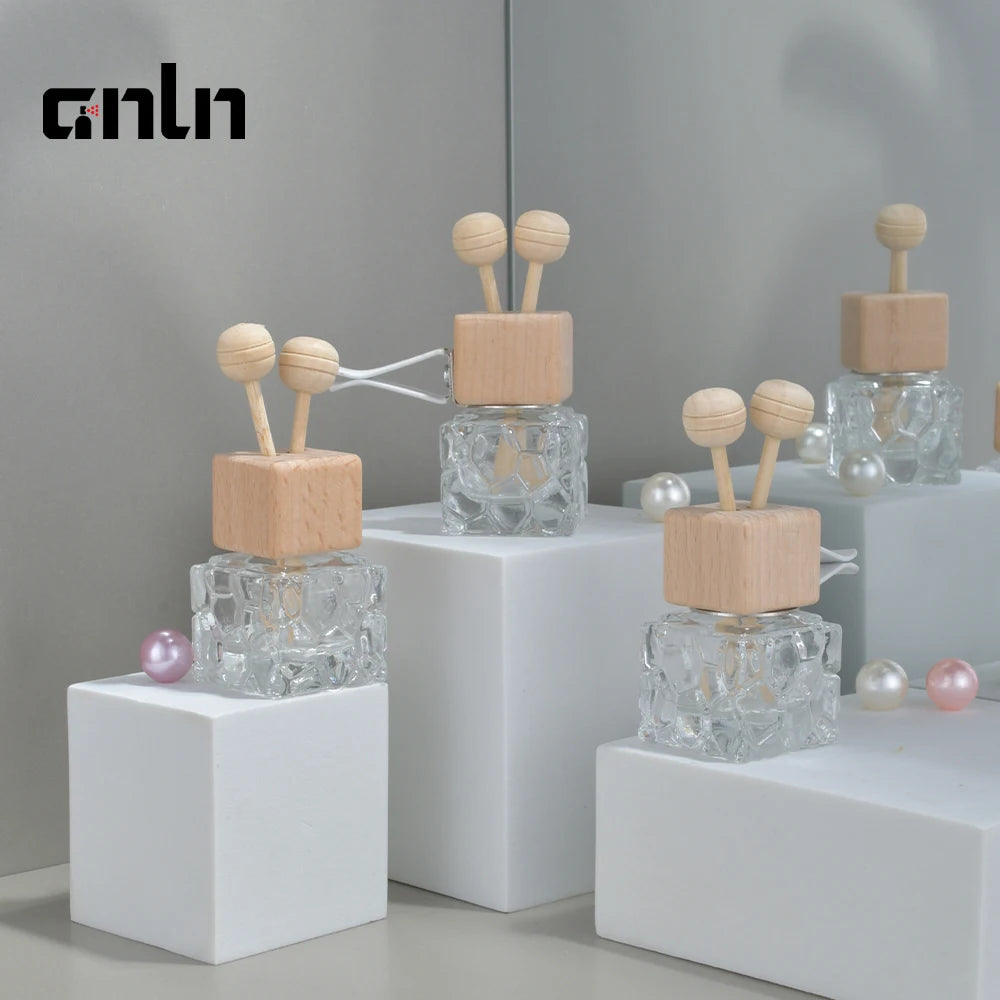 Factory Glass Car Perfume Bottles Clip Cube Wooden Screw Cap Empty Refillable 10ml Car Diffuser Bottle