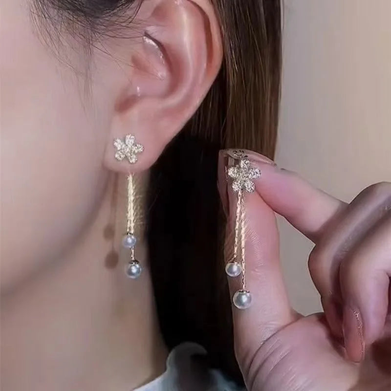 S925 Silver Needle Pearl Long Tassel Chain Drop Earrings Classic Gold Plated Alloy Hoop Design Women's Engagement Wedding