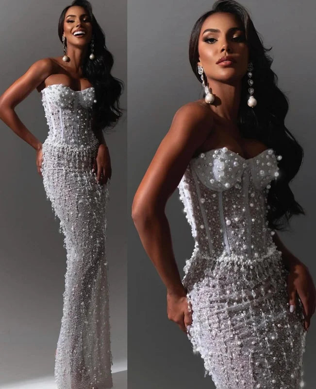 A10668 Migugarment Luxury Styles Pearls Women Prom Dresses Lace Sequins Embroidered Backless Sleeveless Ladies Elegant Dresses