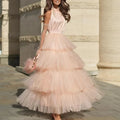 2023 Autumn Niche Design Floor-Length Natural Woven Solid A-Line Party Dresses Waist Slimming Spliced Mesh Cake Layer Stand Neck