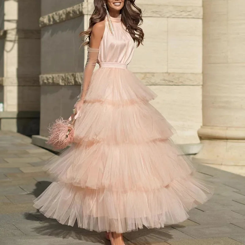 2023 Autumn Niche Design Floor-Length Natural Woven Solid A-Line Party Dresses Waist Slimming Spliced Mesh Cake Layer Stand Neck