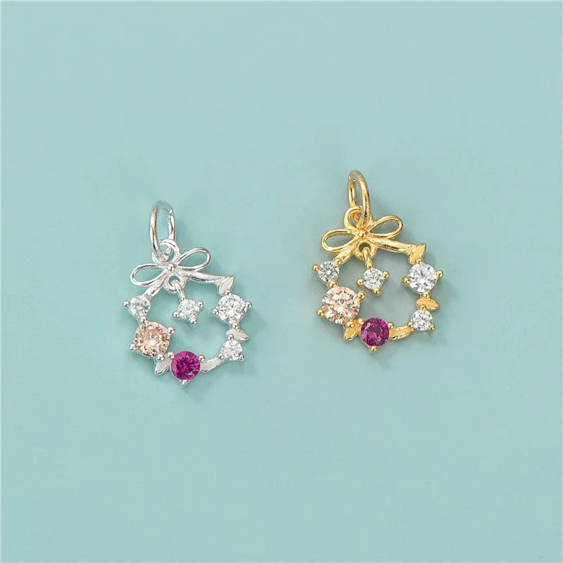Hot Sale Festival Gift Charms 925 Sterling Silver Pave Zircon Christmas Wreath Flower Charm Pendant for Jewelry Making