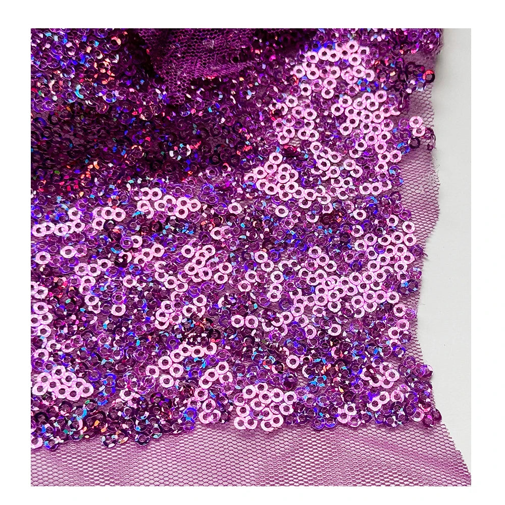 2024 Luxury French Girls Dress Embroidery Mesh Fabric Knitted Plain Tulle Lace Sparkling Purple 3mm Laser Sequin Lightweight for