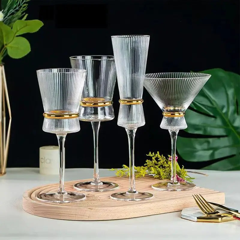Hand-Blown Vertical Grain Gold Waistline Elegant Goblet Set for Champagne Cocktail Wine