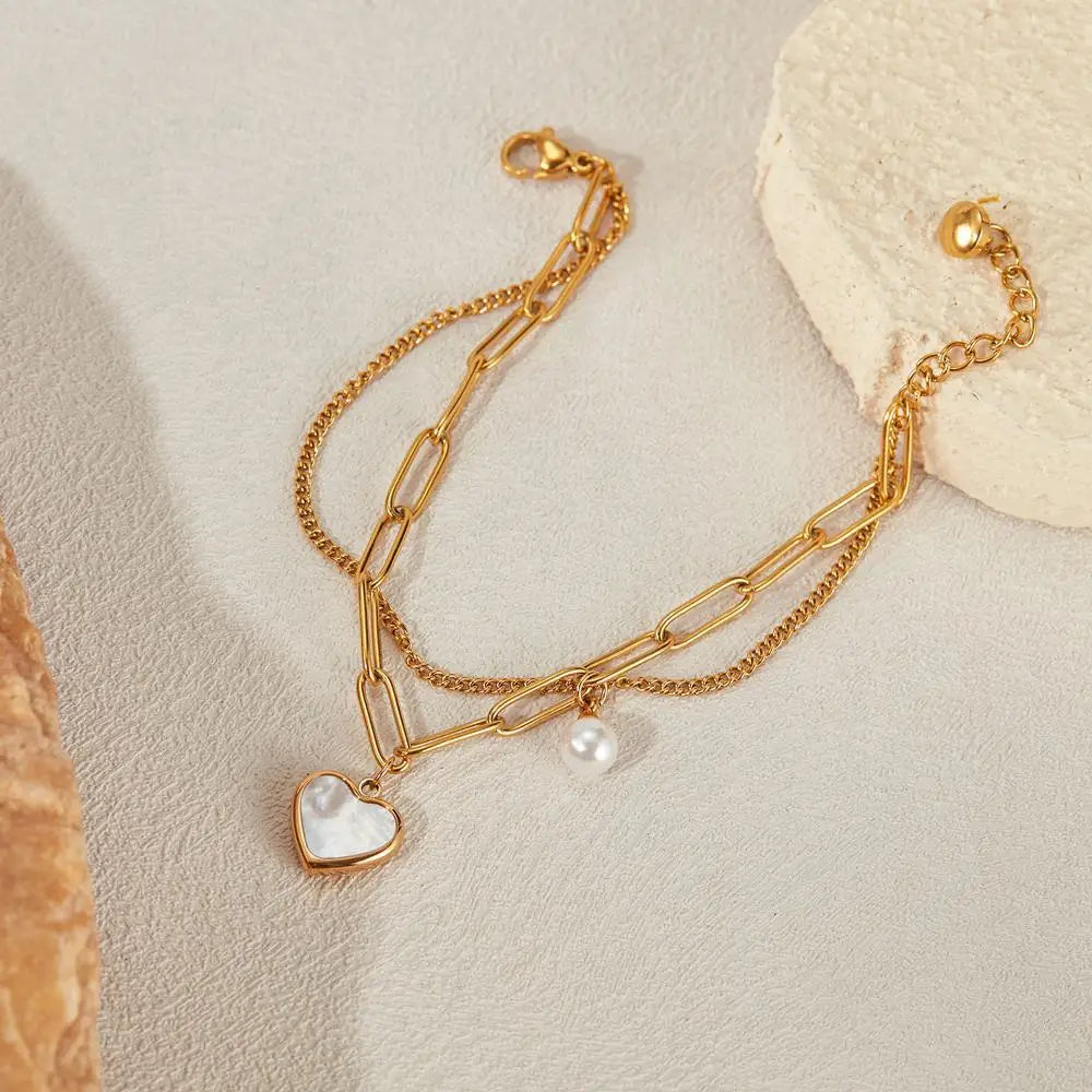 New Fashion Versatile Heart Pendant Personalized Double-Layer Chain Pearl Accents Women's Jewelry Stainless Steel Bracelet
