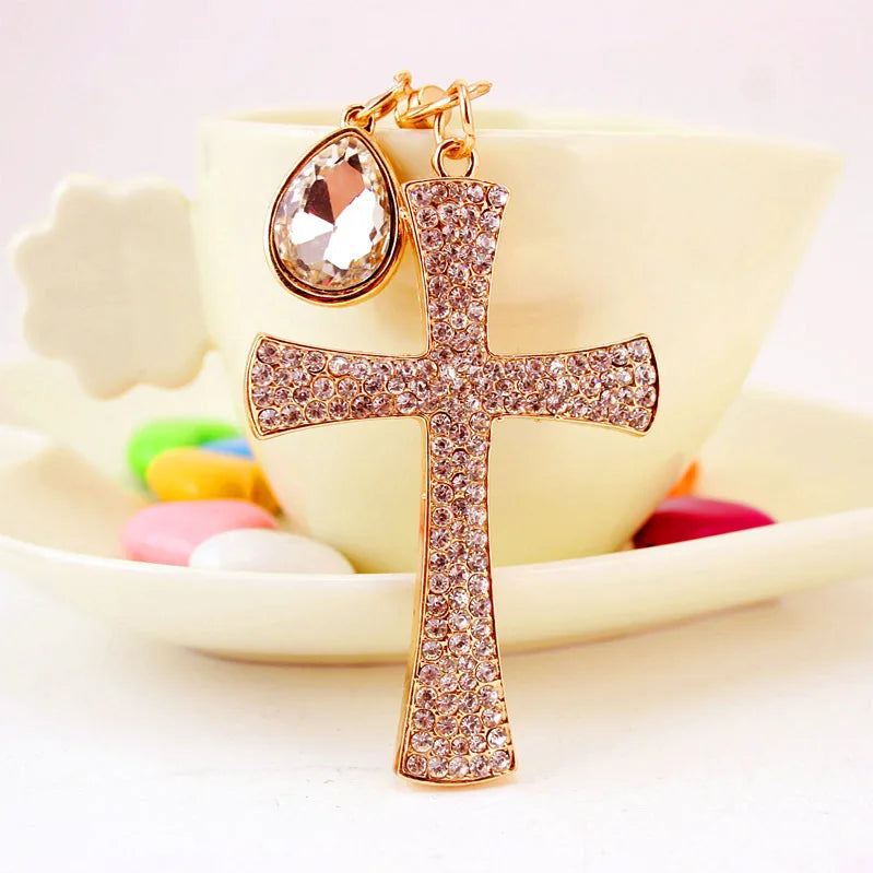 New Fashion Cross Crystal Keychain Charms Jesus Christian Cross Pendant Key Rings Rhinestone Car Bag Key Pendant
