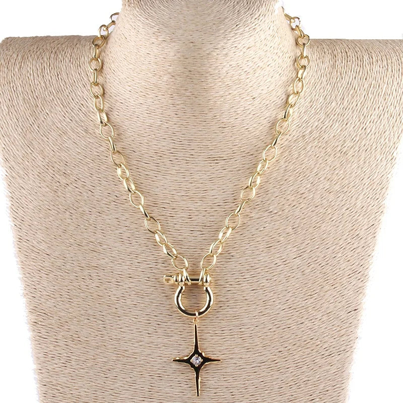 Fashion Women Delicate Jewelry Gold Link Chain Necklace Small Screw Bangle Enamel Zircon Star Cross Sun Pendant Necklace