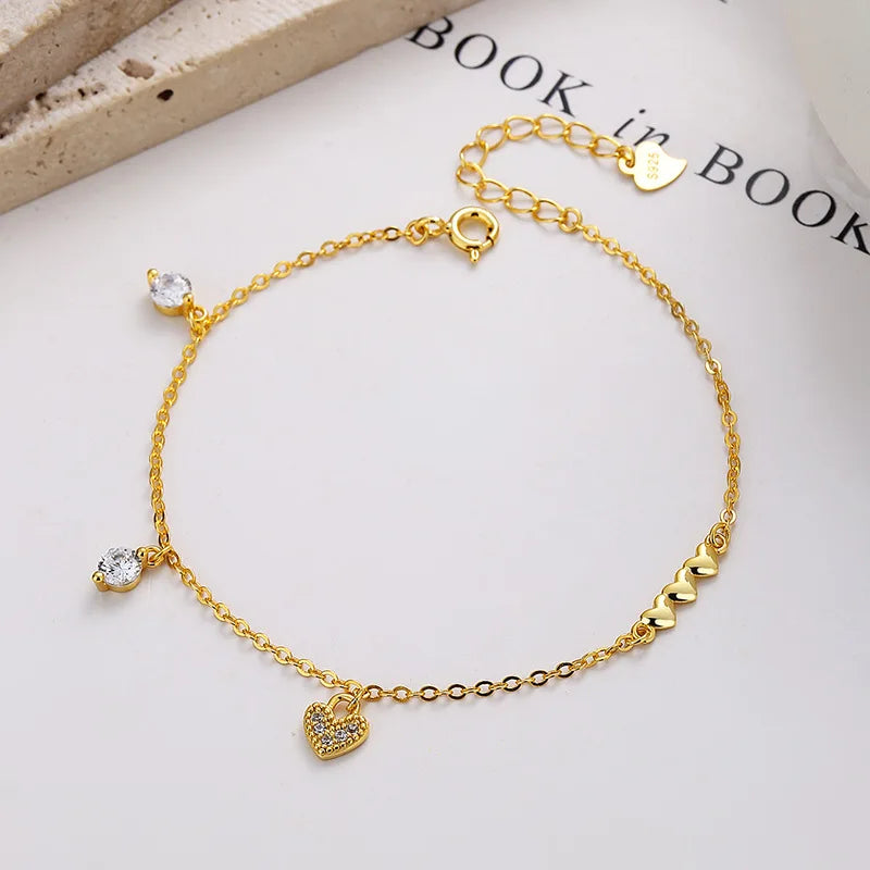 Grace 925 Sterling Silver Gold Plating Claw Setting Zircon Heart Pendant Bracelets for Women Wholesale