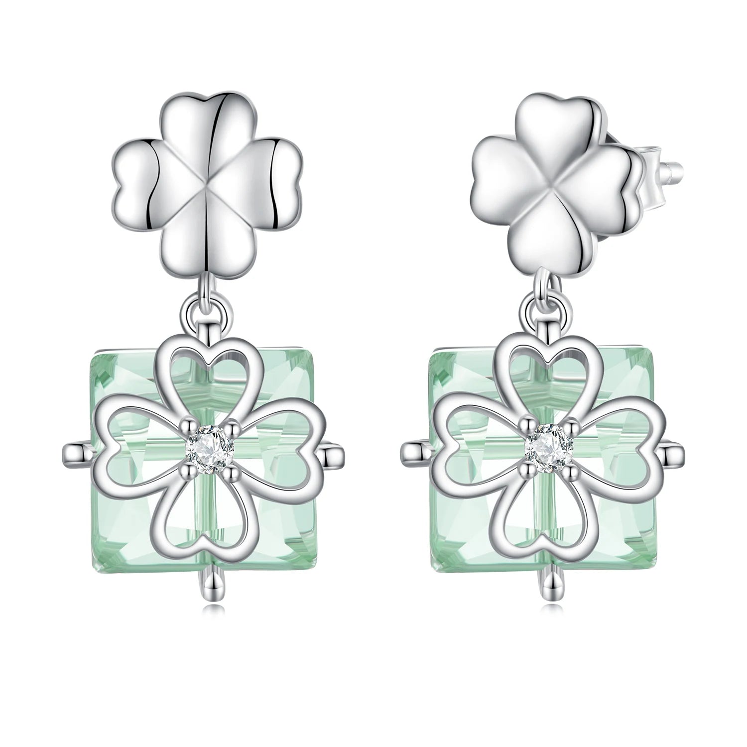 Fashion 925 Sterling Silver Four-leaf Clover Stud Earrings Light Green Square Transparent Glass Earrings for Women Gift BSE745