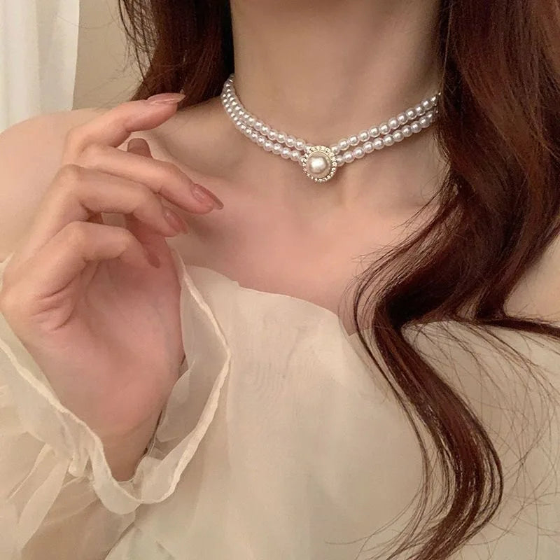 VKME Vintage Style Double Pearl Necklace for Women Jewelry